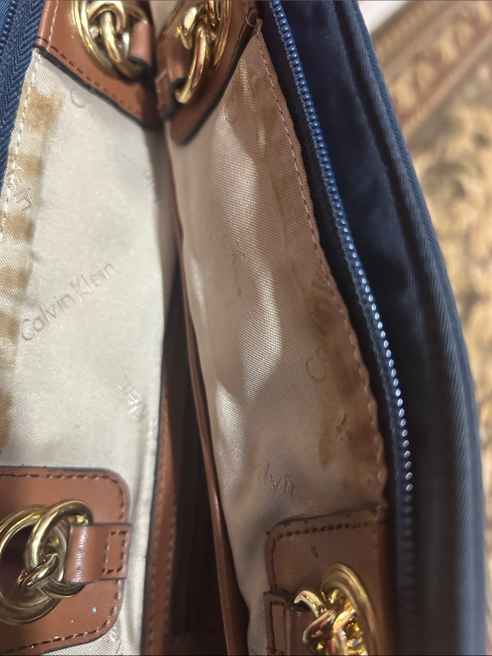 Calvin Klein Navy Tote with Brown Leather Handles & Gold Hardware - Picture 5 of 7